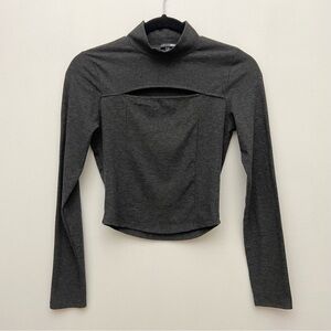 Fashion Nova Gray Ribbed Mock Neck Cut Out Cropped Long Sleeve Top